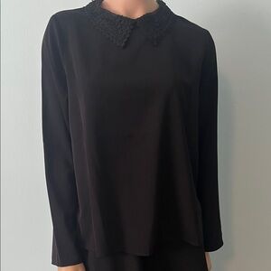 Molly Bracken Black Long Sleeve Blouse with Lace Collar